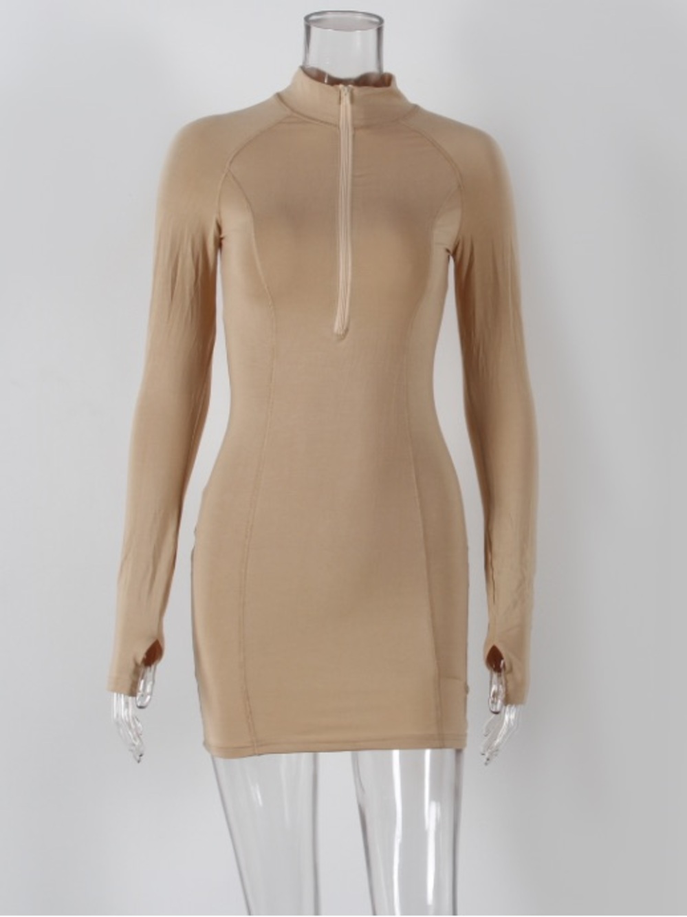 Long Sleeve Mock Neck Bodycon Dress in Beige